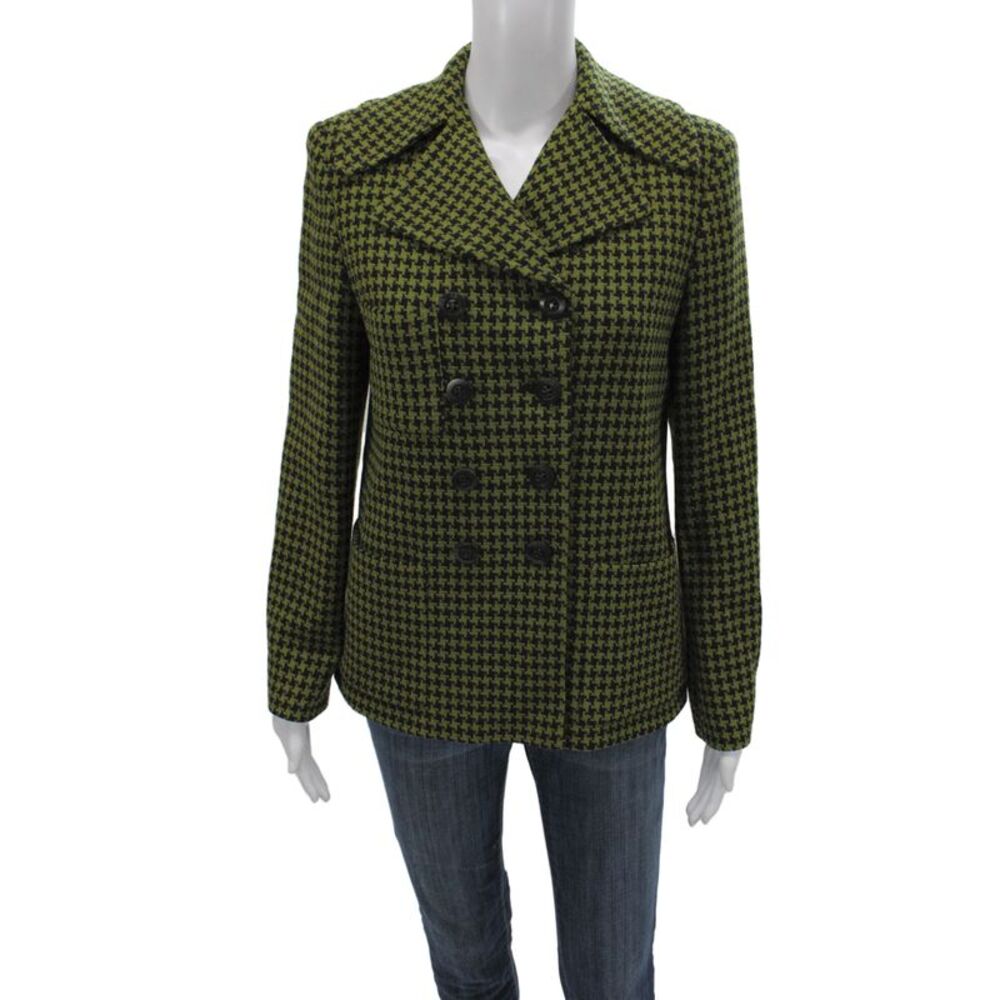 Tahari Womens Pea Coat Green Checked Wool Button Size 6